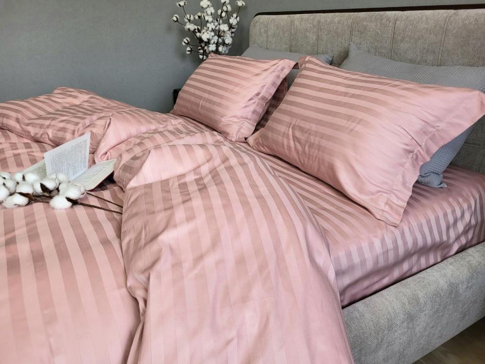 Комплект постельного белья PREMIUM Stripe сатин 2/2 см двуспальный на резинке Powder pink (2108347798)