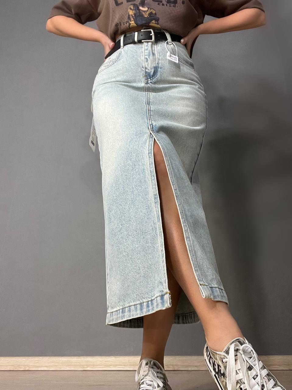 Спідниця жіноча Simeile 5972 джинсова довга розріз попереду з чорним ремінцем M Світло-блакитний (3542)