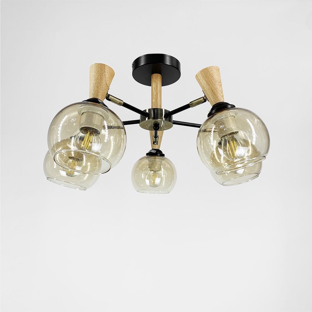 Люстра металева на 5 бурштинових плафонів з елементами дерева (51898/5)