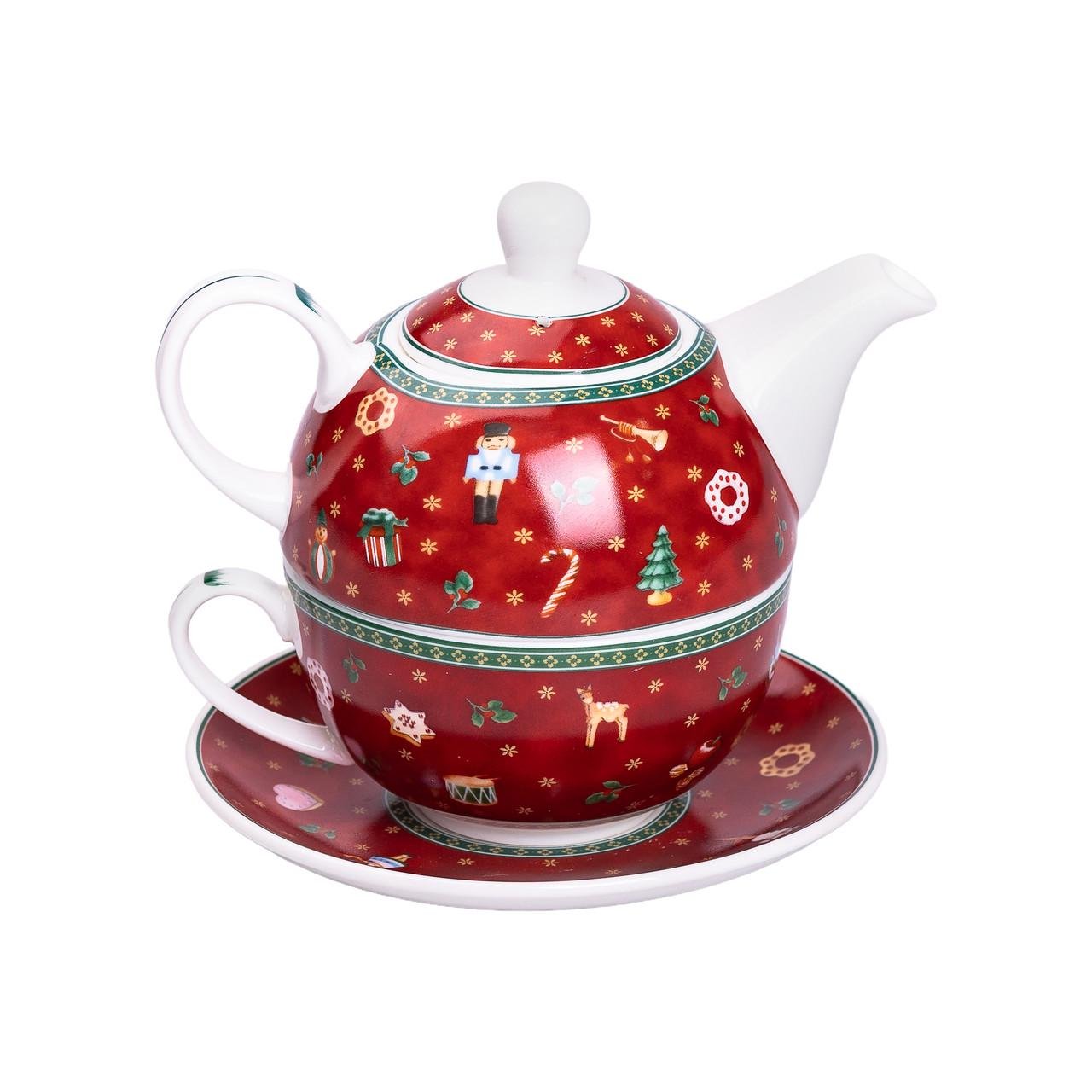 Заварник для чаю Christmas з чашкою та блюдцем Червоний