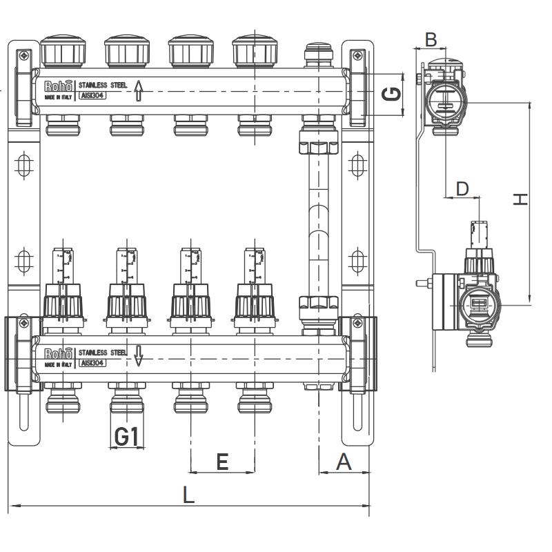 Коллектор Roho R814-12 1" x 12 выходов с расходомерами и термостатическими клапанами с байпасом (RO0055) - фото 2