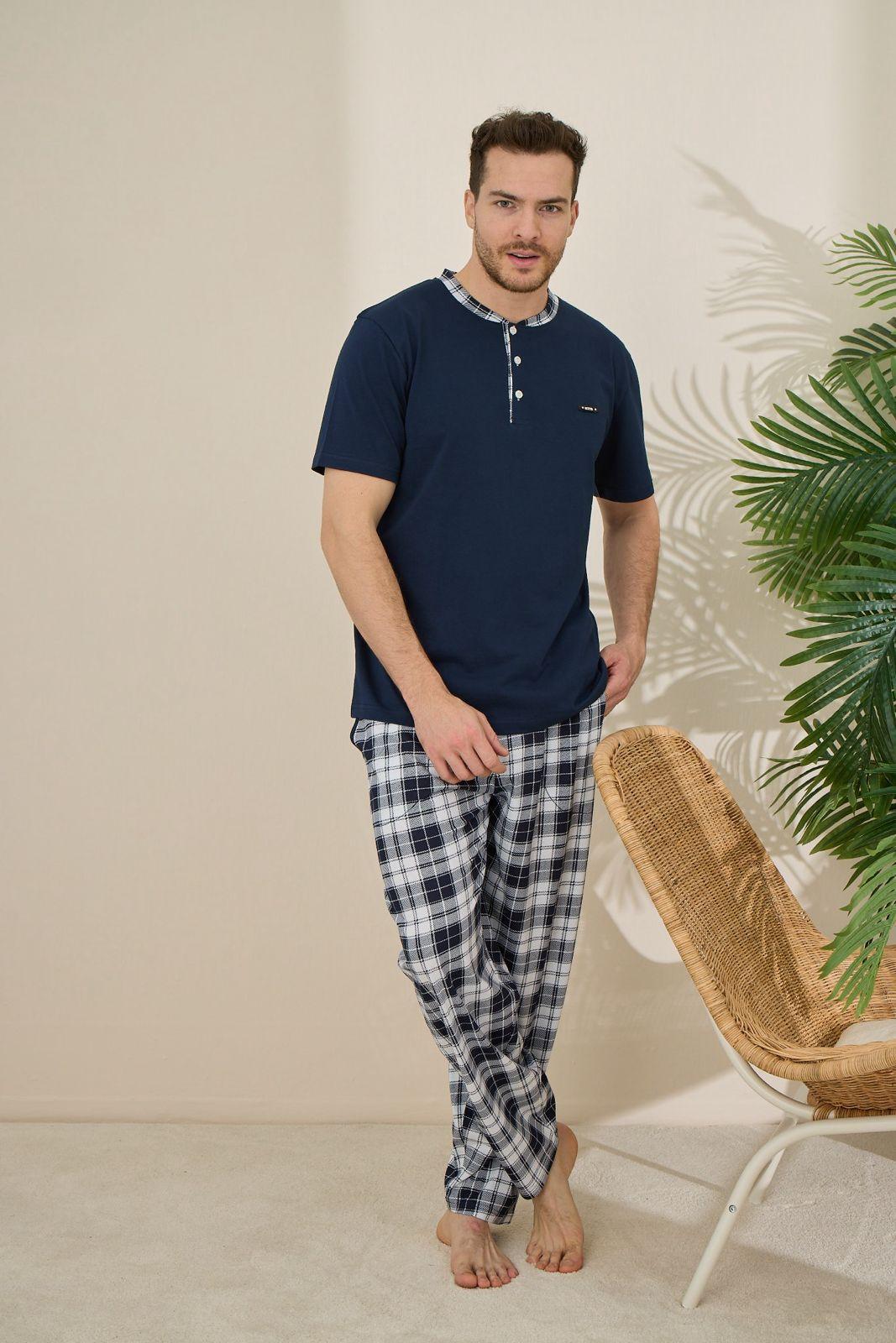 Піжама чоловіча бавовняна Cameron футболка та штани в клітину L Темно-синій (PJ6310-1)
