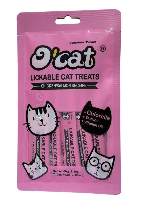 Ласощі для котів O'cat lickable cat treats chicken salmon з куркою та лососем 5 шт. по 12 г 60 г уп.