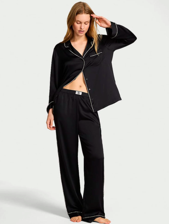Пижама Victoria's Secret Signature Satin Shine Long Pajama Set кофта и брюки Черный