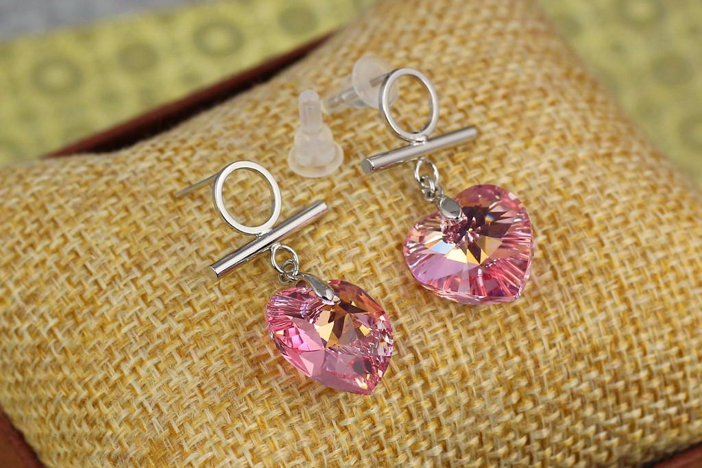 Серьги гвоздики Xuping Jewelry Сердечки Сваровски подвески 3,2 см Серебристый/Розовый