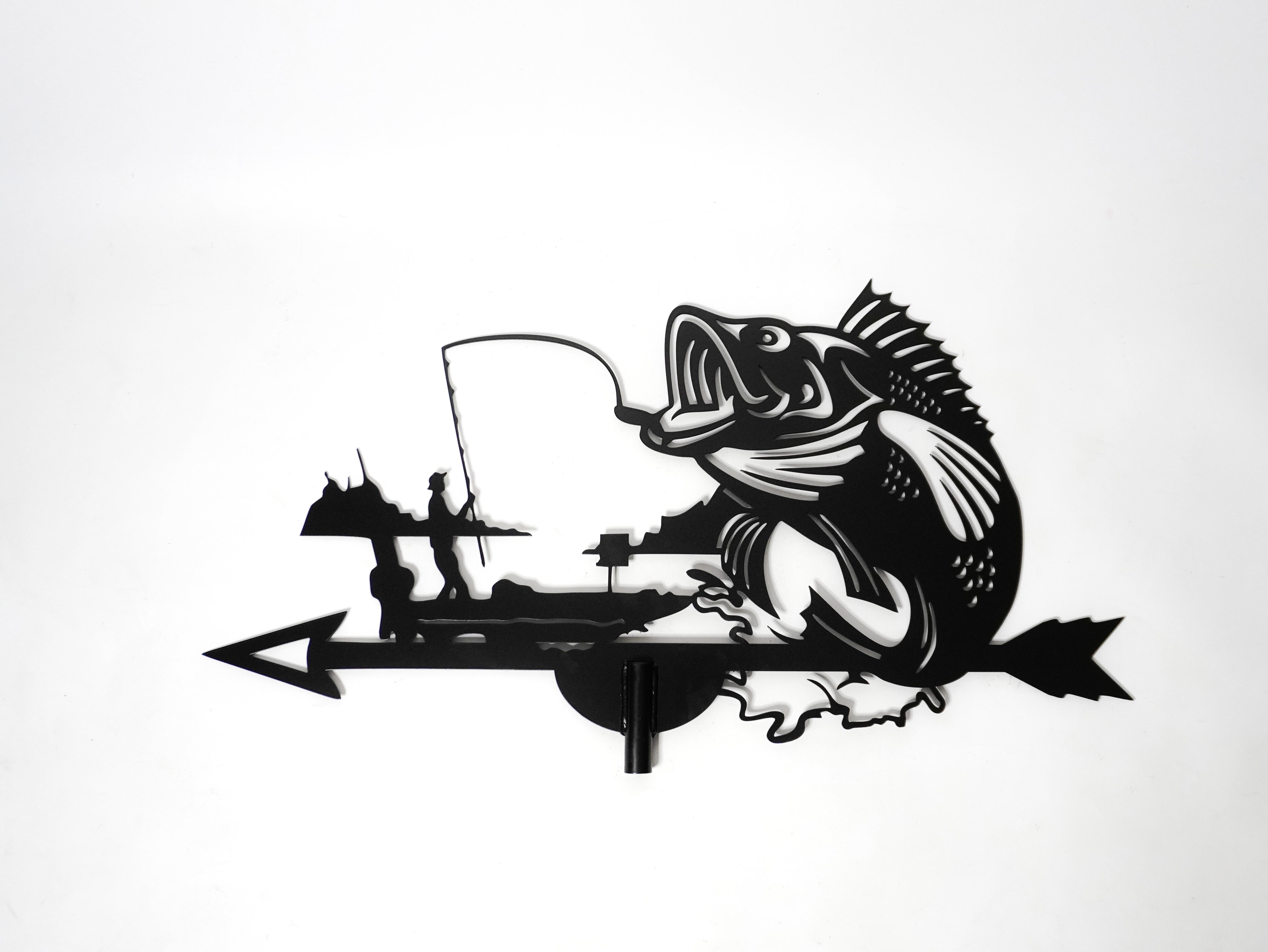 Флюгер на крышу металлический Рыбак с рыбой Черный