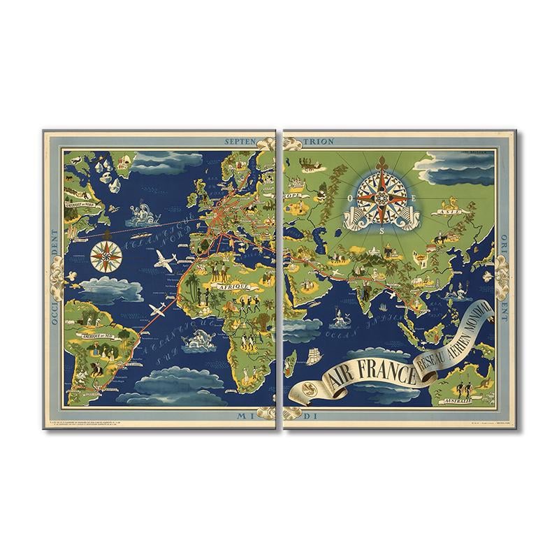 Винтажная карта Карта французских авиалиний 2 модуля 40х60 см