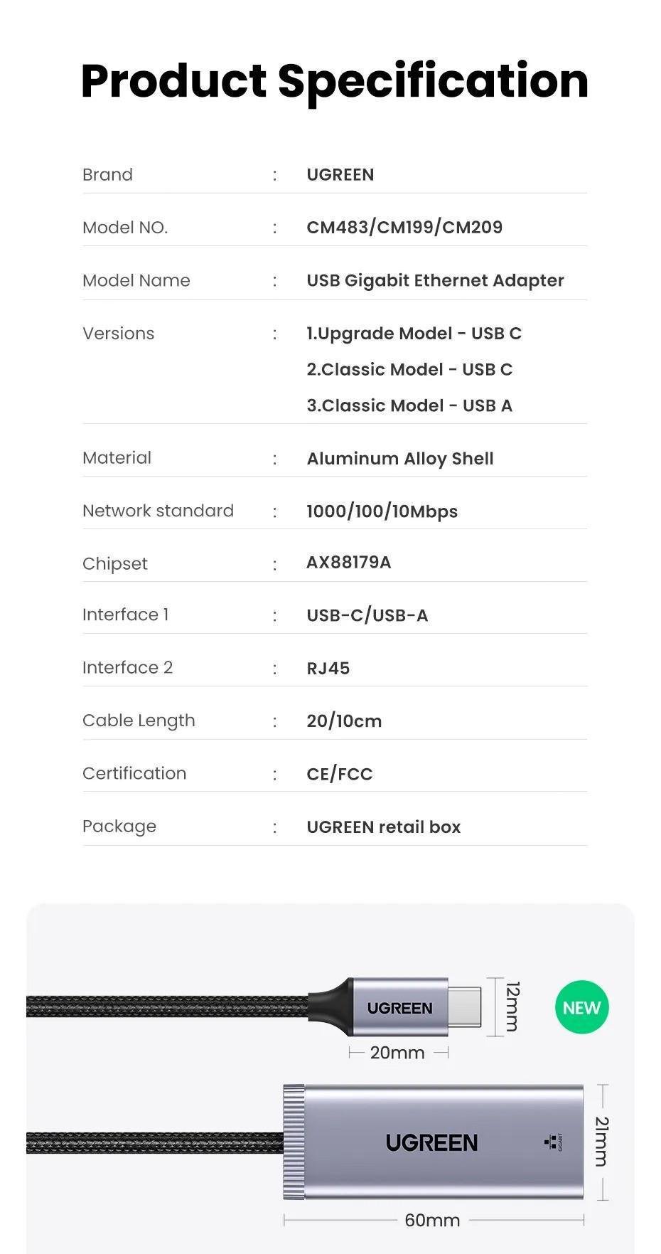 Мережева карта UGREEN Type-C-Ethernet 1 Гбіт/с LAN USB 3.1 Gen 1-RJ45 1000 Мбіт/с металевий Сірий (40322) - фото 9