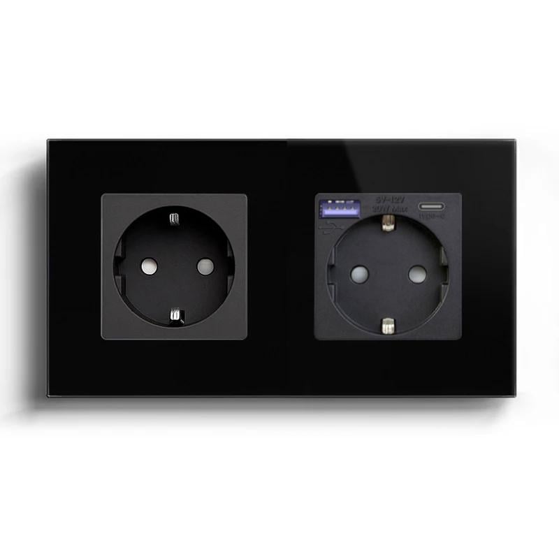 Розетка двойная LUXION с USB A+C 20Вт с заземлением/шторками 250В 16А стеклянная рамка Черный (LX-M2FGAC-BK)