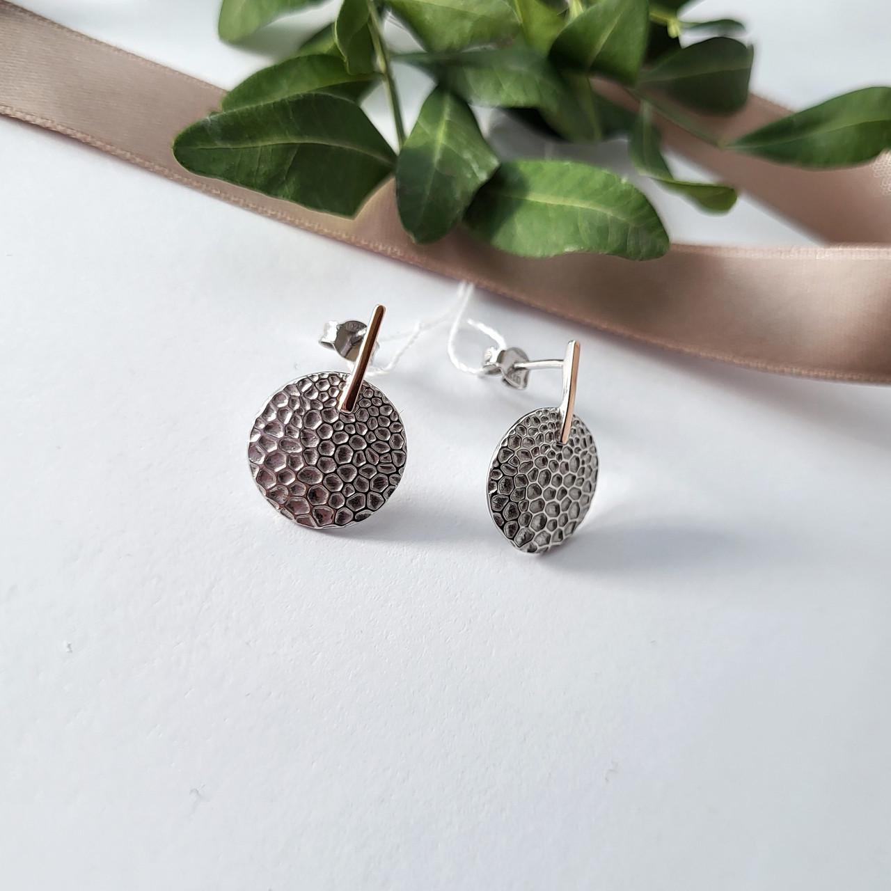 Серьги на фиксаторах Круг Чешуя с золотой пластиной серебро 375/925 пробы (1311)