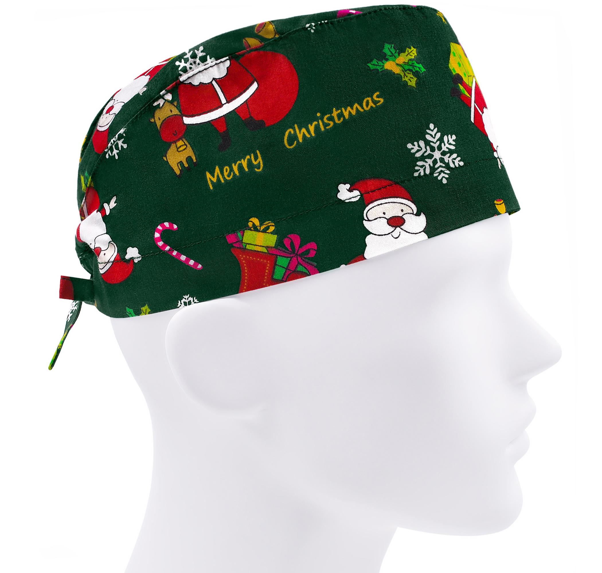 Шапочка медицинская мужская FloralScrubs Санта-Клаус на зеленом универсальная (М083)