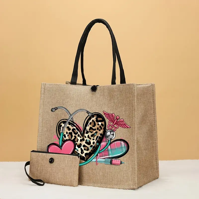 Комплект 2в1 шерсть с кошельком Jute Bag с медицинским принтом Сердце и стетоскоп Бежевый (2771121664)