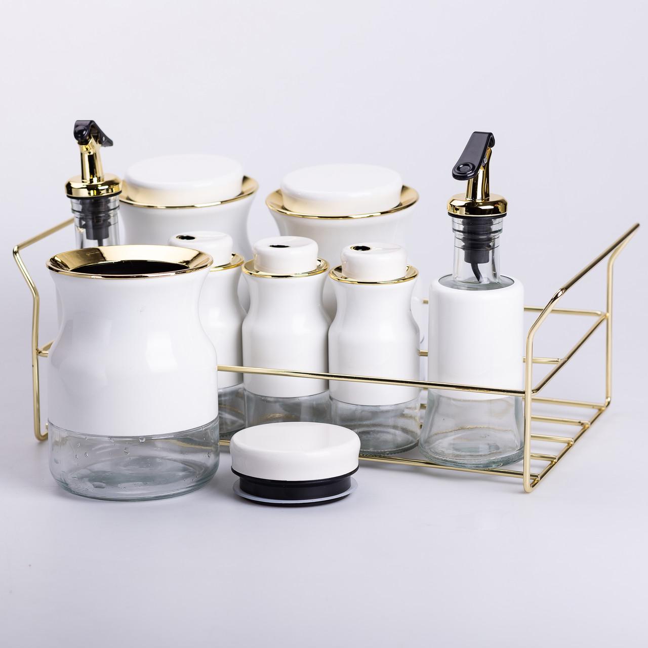 Набор для специй на подставке с бутылками для масла и уксуса 8 предметов Белый (6801) - фото 5 Набор для специй на подставке с бутылками для масла и уксуса 8 предметов Белый (6801) - фото 5