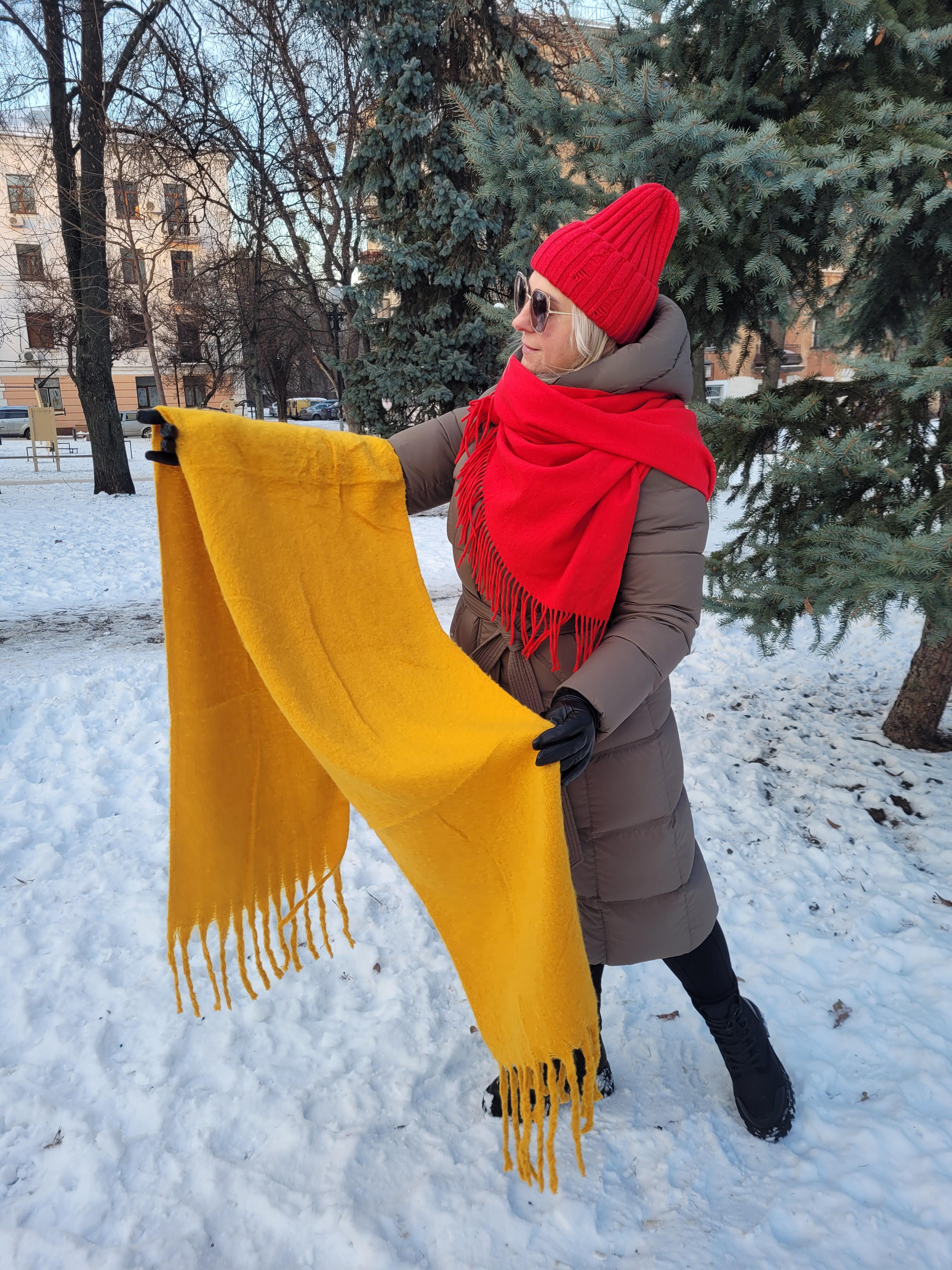 Шарф женский кашемировый Дред однотонный бахрома большая 210x40 см Желтый горчичный (00843/99)