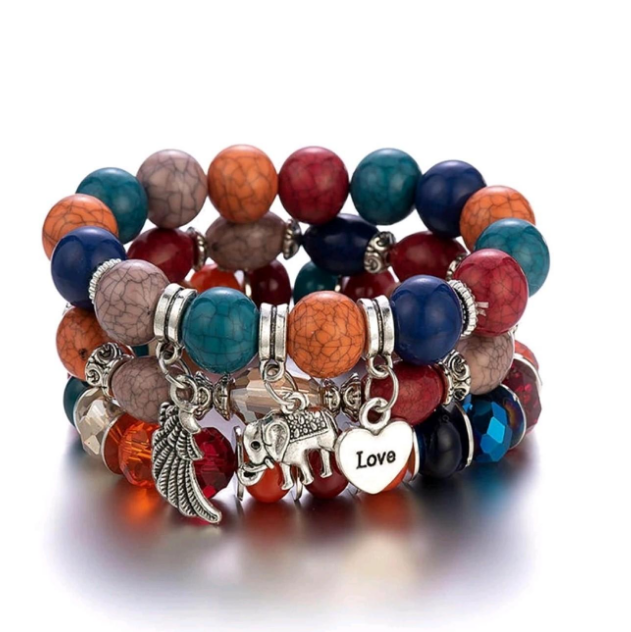 Браслет с тремя амулетами из бисера Bohemian Style 4в1 на резинке Разноцветный (27477169)