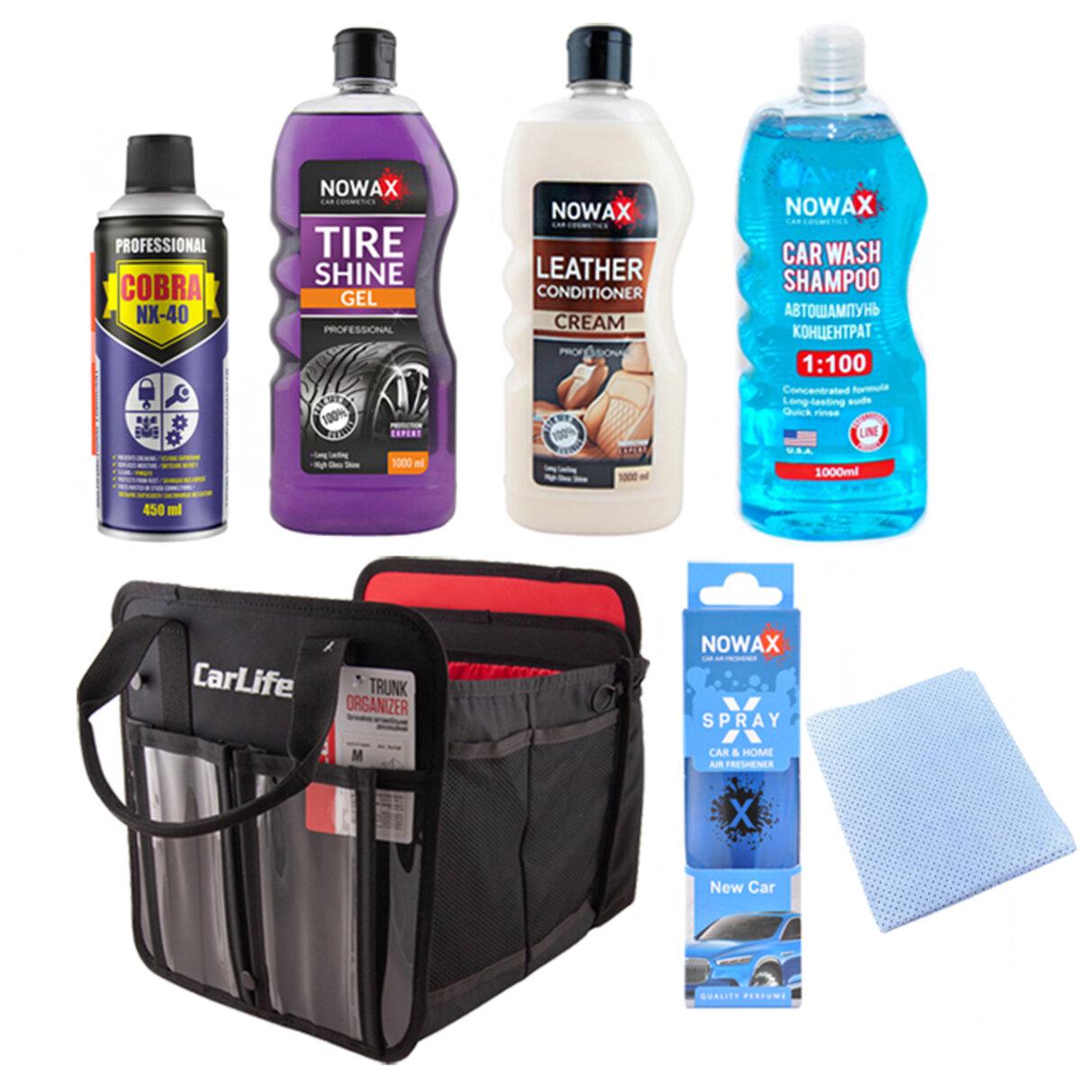 Набор ухода за авто Nowax в органайзере для чистки и защиты с автошампунем и кондиционером (na_72)