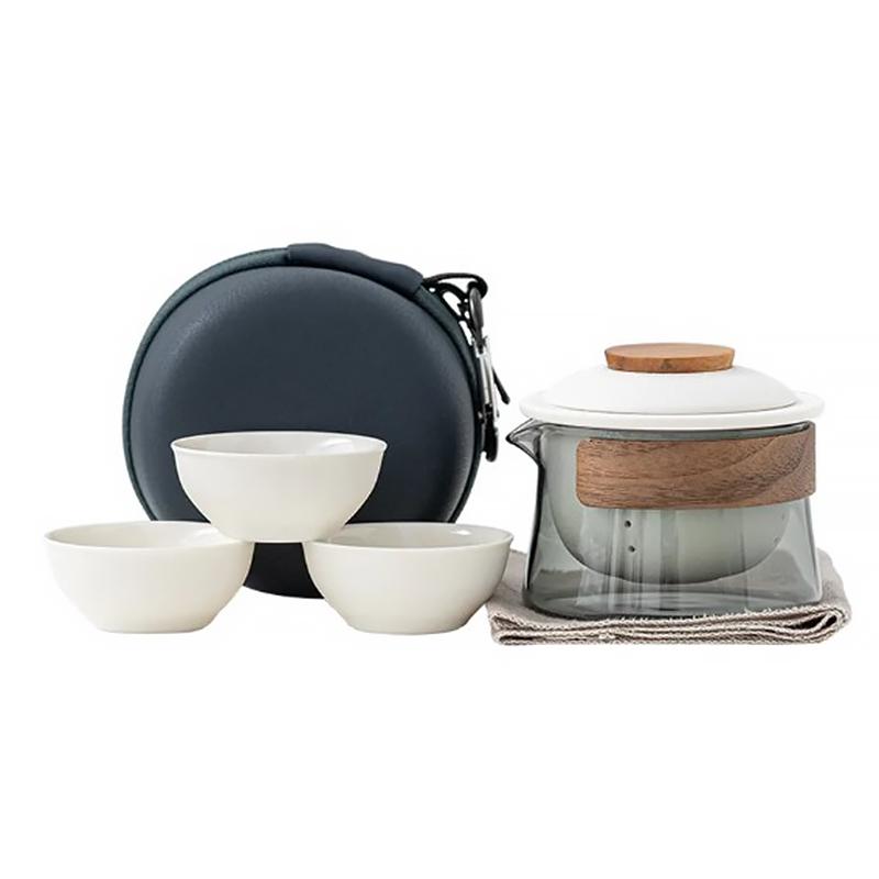 Дорожный чайный набор HR-068 стеклянный заварник 240 мл и 3 пиалы с чехлом White