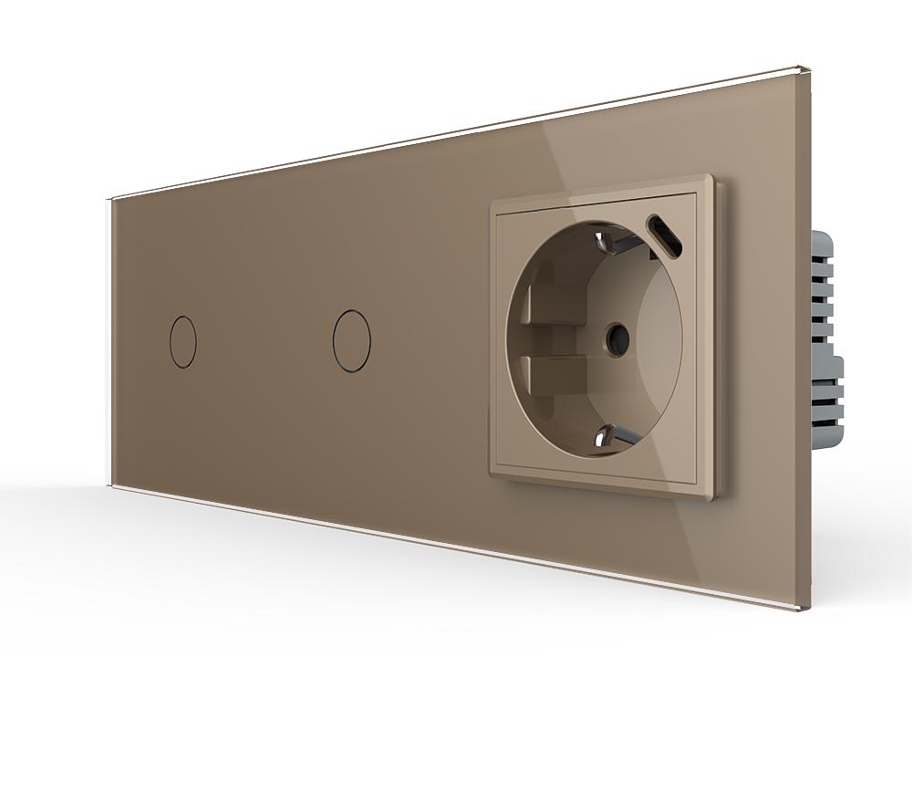 Выключатель умный Livolo сенсорный 2 сенсора 1-1 с розеткой USB Type-C 18 Вт с заземлением стекло Золотой Выключатель умный Livolo сенсорный 2 сенсора 1-1 с розеткой USB Type-C 18 Вт с заземлением стекло Золотой