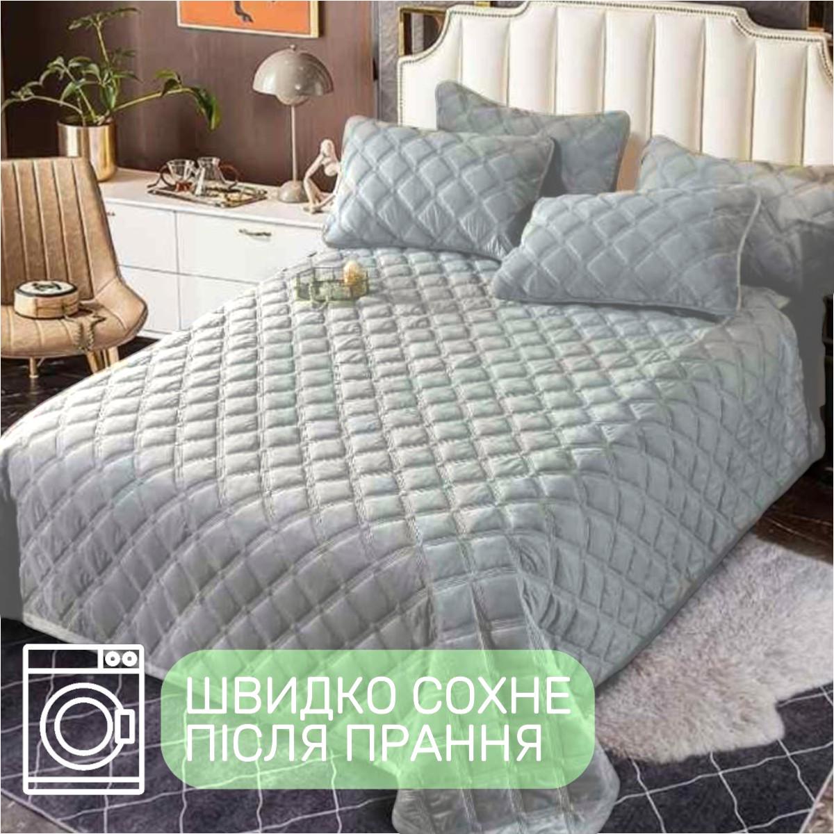 Покрывало велюровое стеганое Евро Koloco Ромб 220х240 см Светло-серый (42007) - фото 4