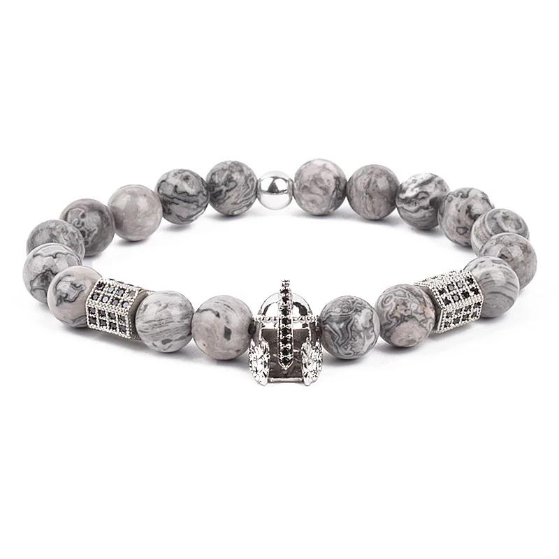 Браслет из яшмы со шлемом и многогранниками р. 14 Серебряный/Серый (10030)