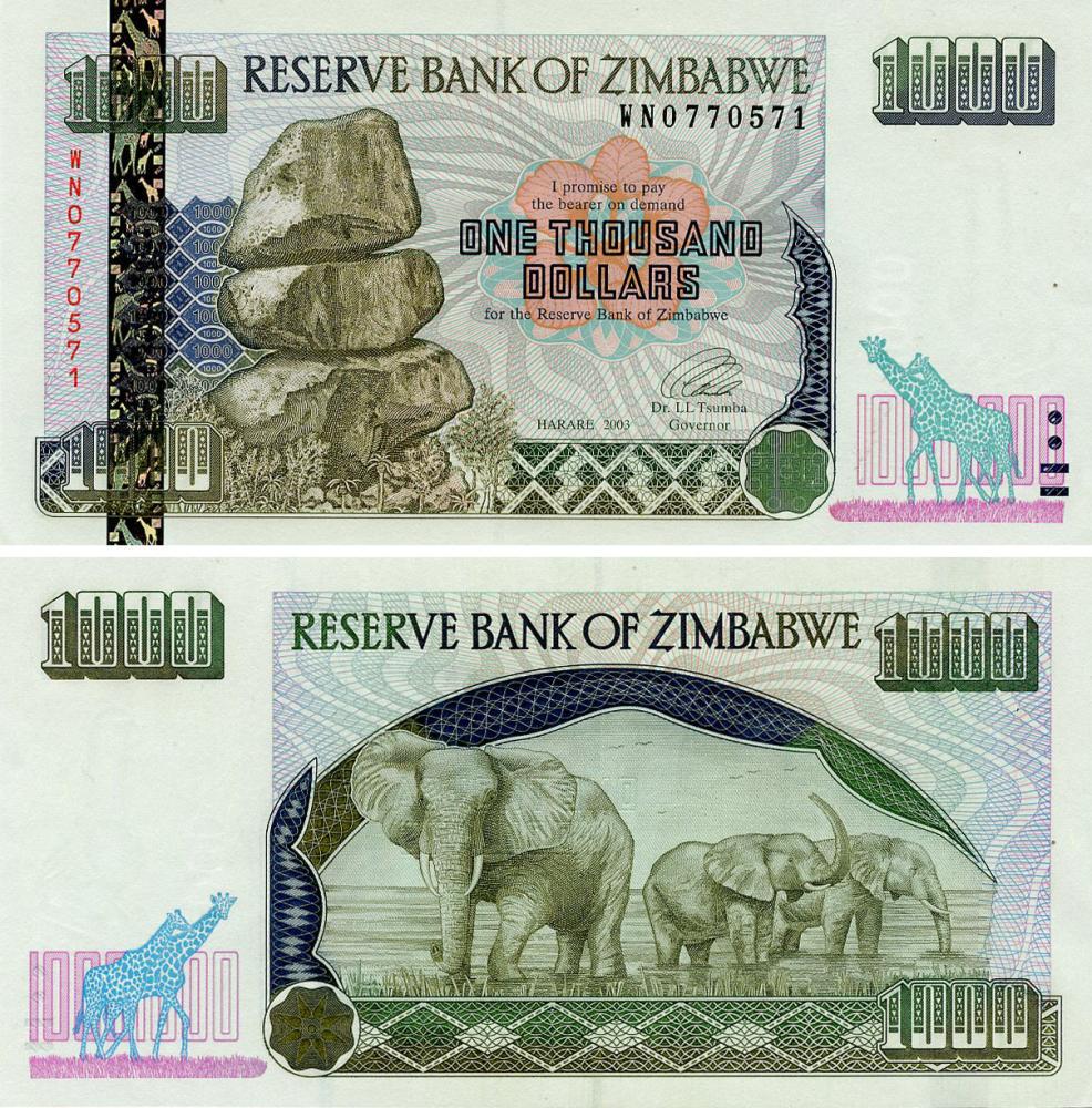 Банкнота колекційна Зімбабве 1000 доларів 2003 AU-UNC Слони (P12b)