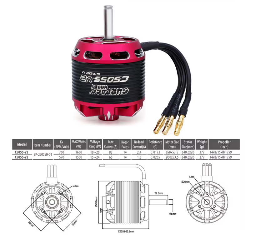 Мотори безколекторні Surpass Hobby C5055-V2 760KV+ESC 80A - фото 7