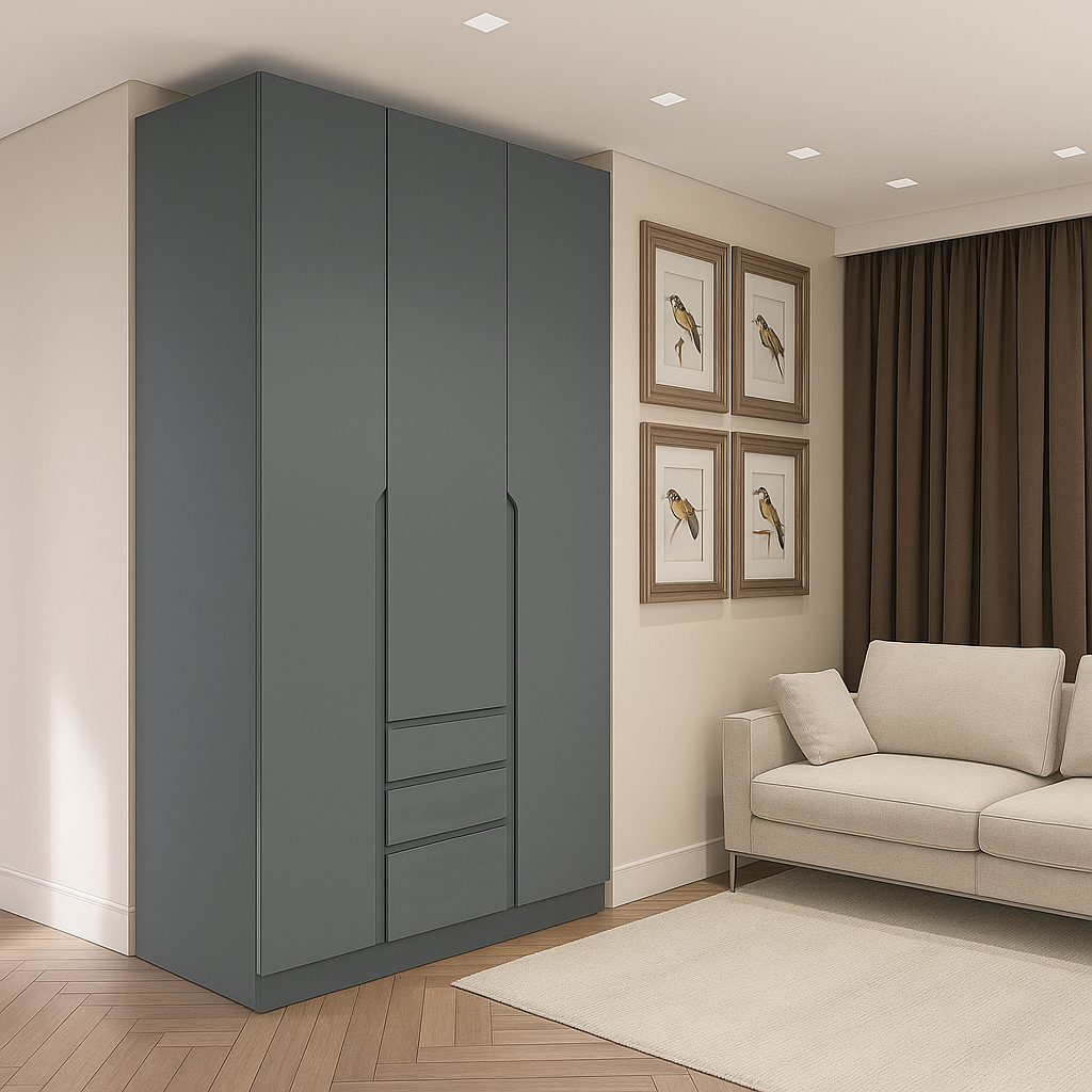 Шкаф распашной  SENAM ШР7 V и J фрезерованные ручки 2100х1400х600 мм корпус ДСП Серый графит/фасад МДФ RAL7012 Базальтовый серый (ШР7.21.60.14.ФР.6)