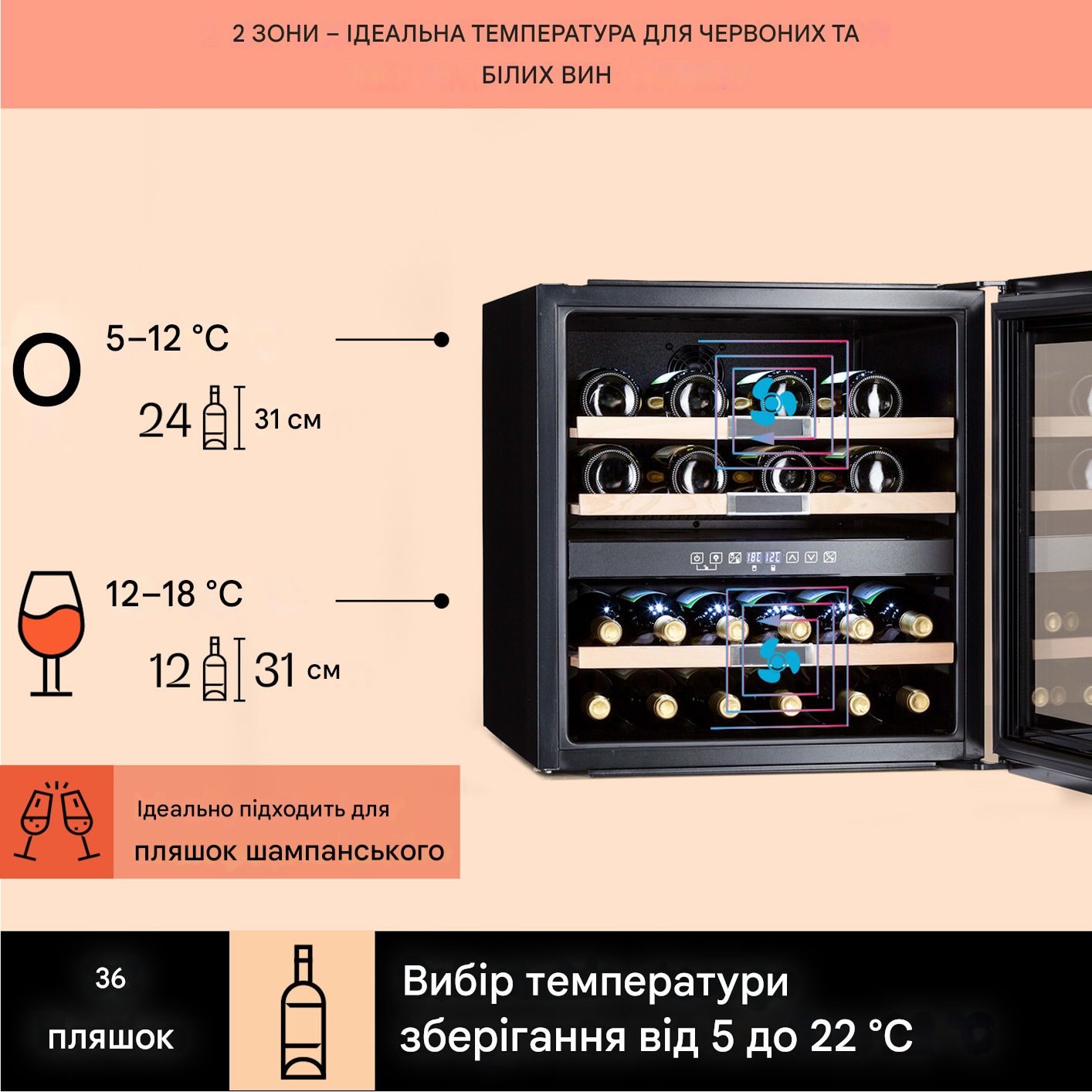 Винний холодильник під забудову KLARSTEIN Vinsider 36 Quartz Edition 2 зони від 5 до 22°C 85 л (10038405) - фото 2 Винний холодильник під забудову KLARSTEIN Vinsider 36 Quartz Edition 2 зони від 5 до 22°C 85 л (10038405) - фото 2