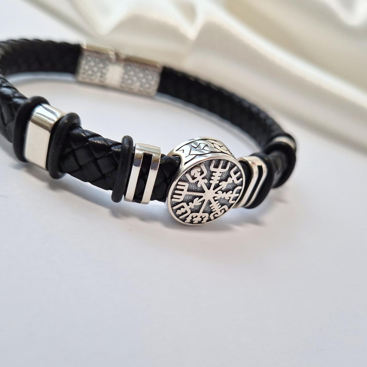 Браслет срібний шкіряний Оберіг рунічний компас 20 см 925 проби чорнене 22,39 г (75324) - фото 5 Браслет срібний шкіряний Оберіг рунічний компас 20 см 925 проби чорнене 22,39 г (75324) - фото 5