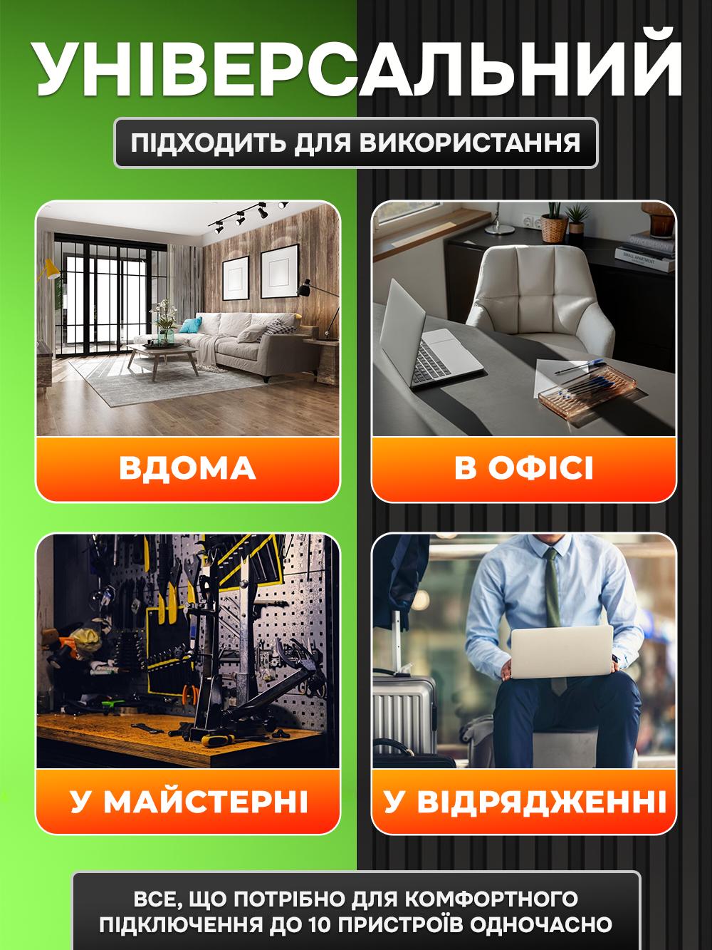 Фильтр сетевой универсальный Andowl Q-PX990X1 10в1 с USB Type-C хабом 3000 Вт для 10 устройств 1,7 м Черный (4ed54a10) - фото 7