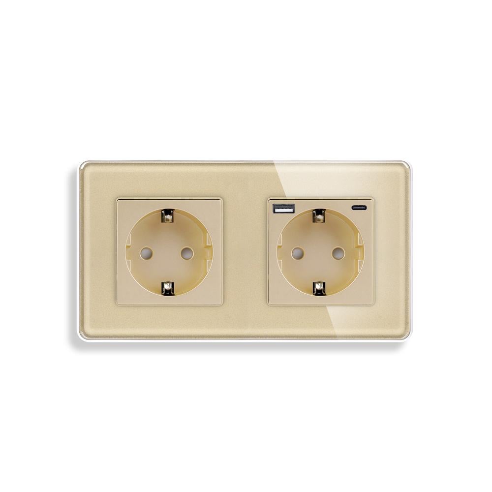 Розетка двойная ELIOS из USB A+C 20Вт с заземлением/шторками 250В 16А стеклянная рамка Золотой (TW-M2FGAC-GD)