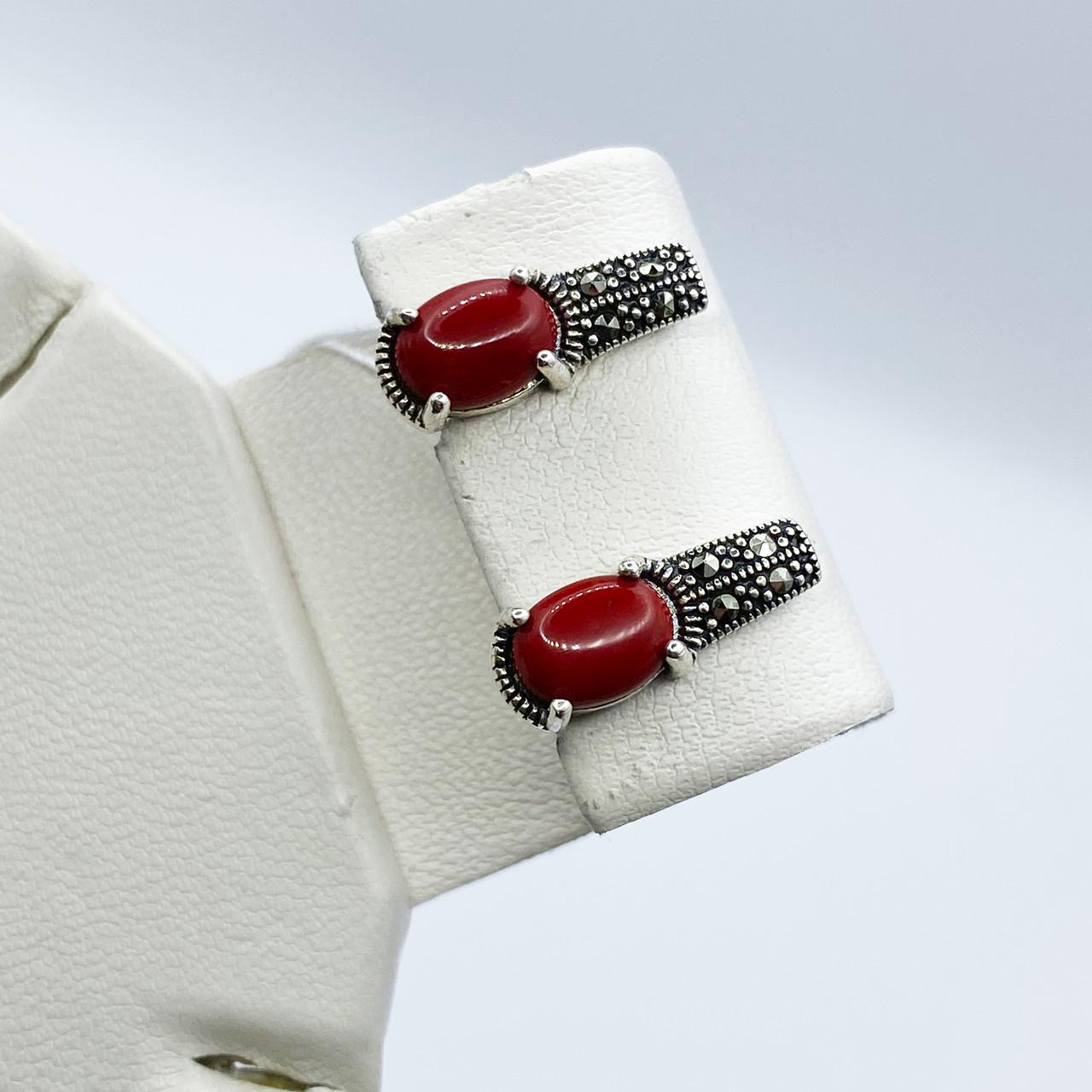 Серьги серебряные с кораллом и марказитом 3,79 г (2028569171)