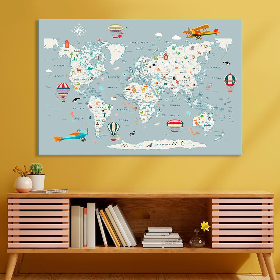 Картина на холсте Детская карта мира с самолетами и воздушными шарами 80x54 см (V542-1_L)