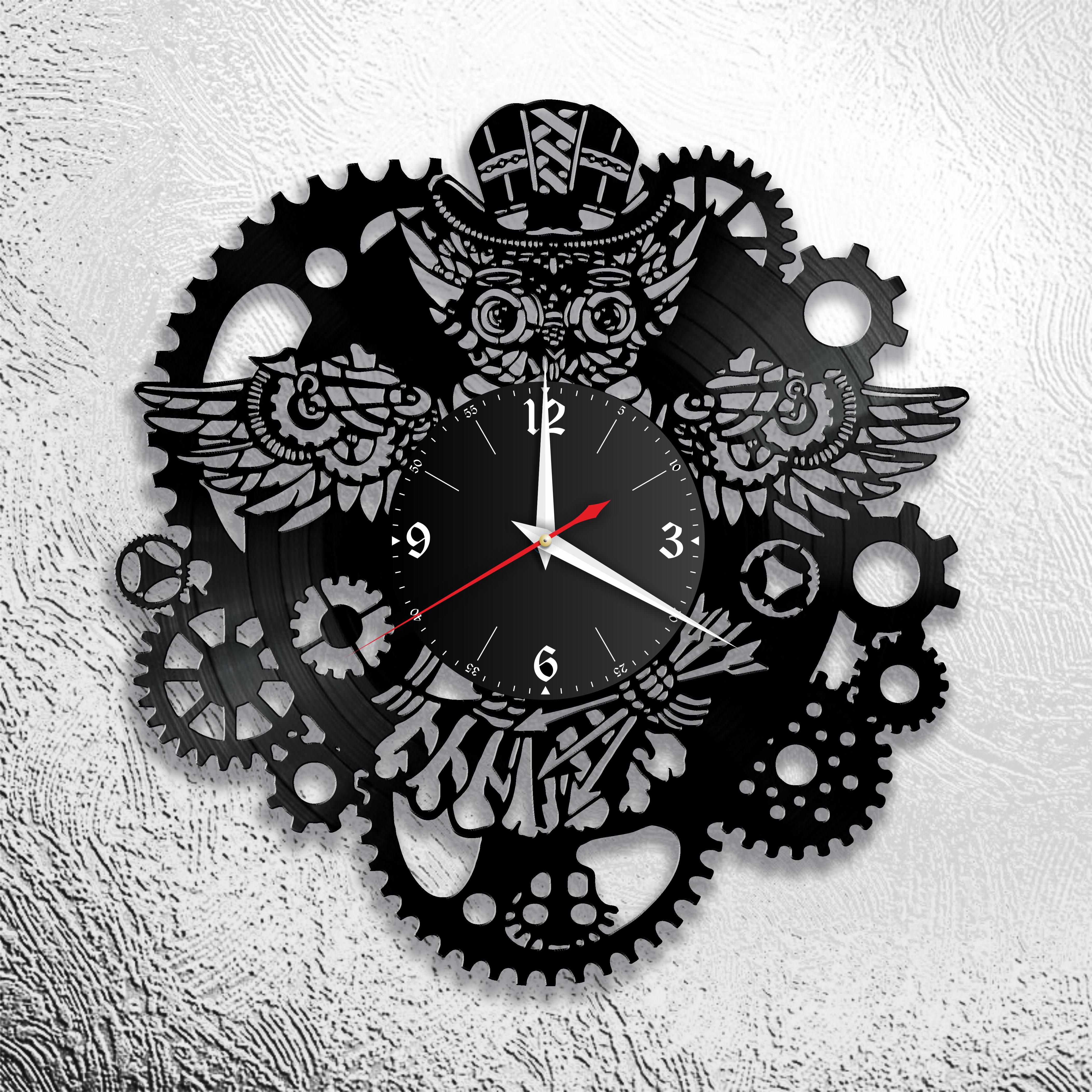 Часы настенные Стимпанк сова 3355 из виниловой пластинки