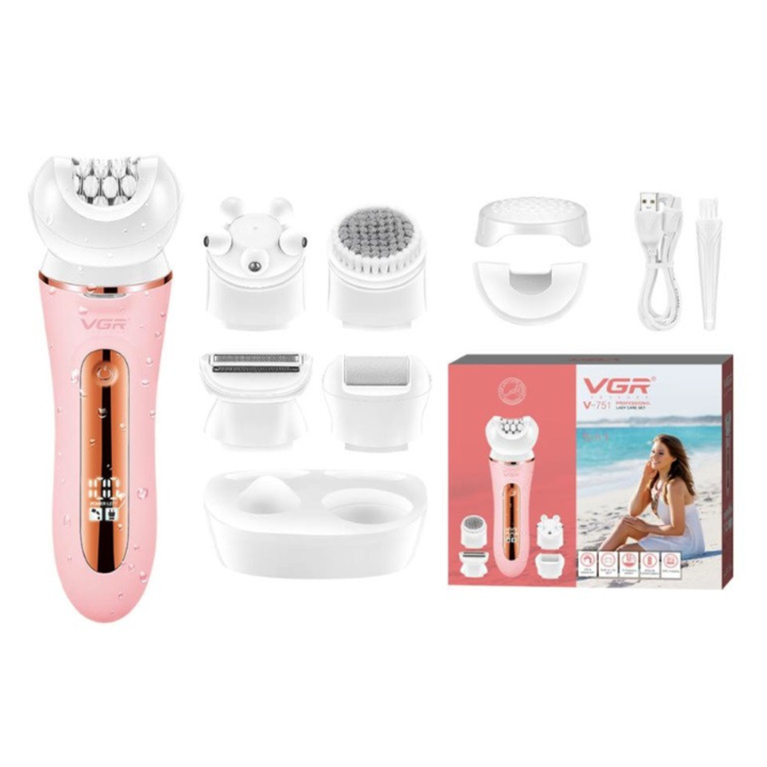 Епілятор жіночий з 5 насадками VGR Пемза Масажер Бритва депілятор бездротовий волога епіляція з підсвічуванням Рожевий