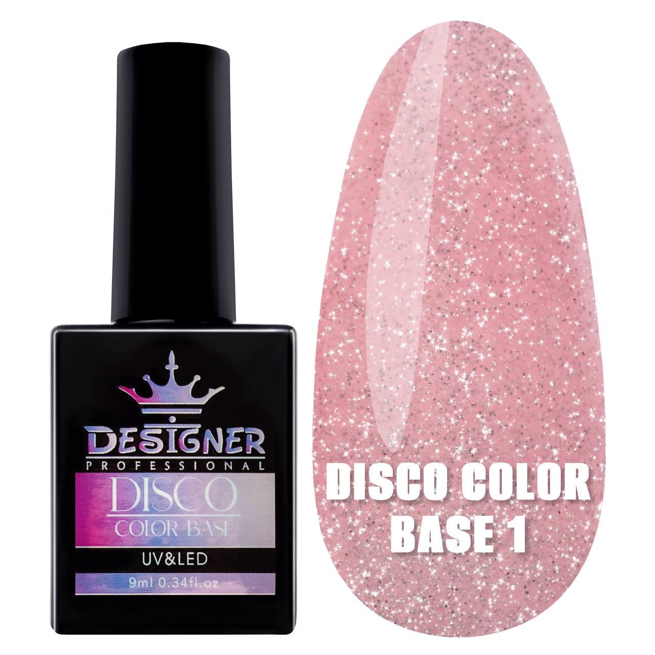 Каучуковая база Disco Color Base Дизайнер для ногтей со светоотражающими частицами 9 мл Нежно-розовый №1
