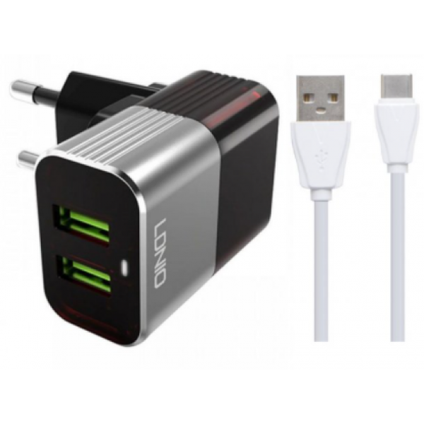 Зарядний пристрій Ldnio A2206Q Home Charger з кабелем Type-C 2 USB Cірий - фото 2