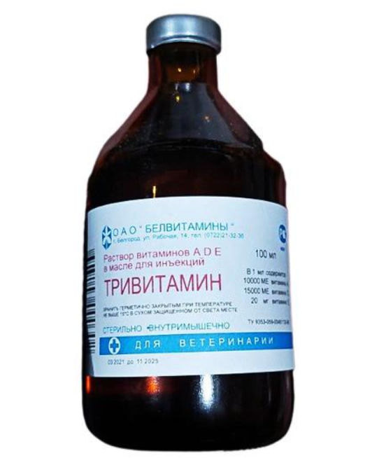 Вітамінний розчин для ін'єкцій Тривітамін для тварин та птиці 100 мл (00000000902)