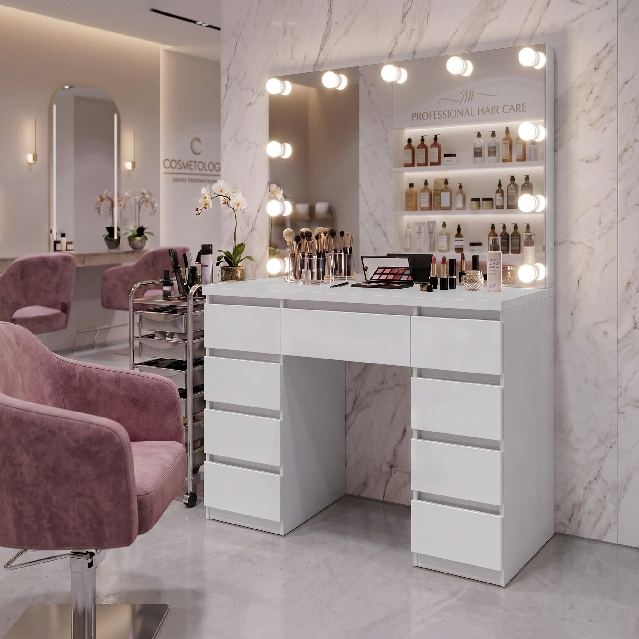 Туалетный столик с лампочками ST9PB 1200x500x1800 мм Белый