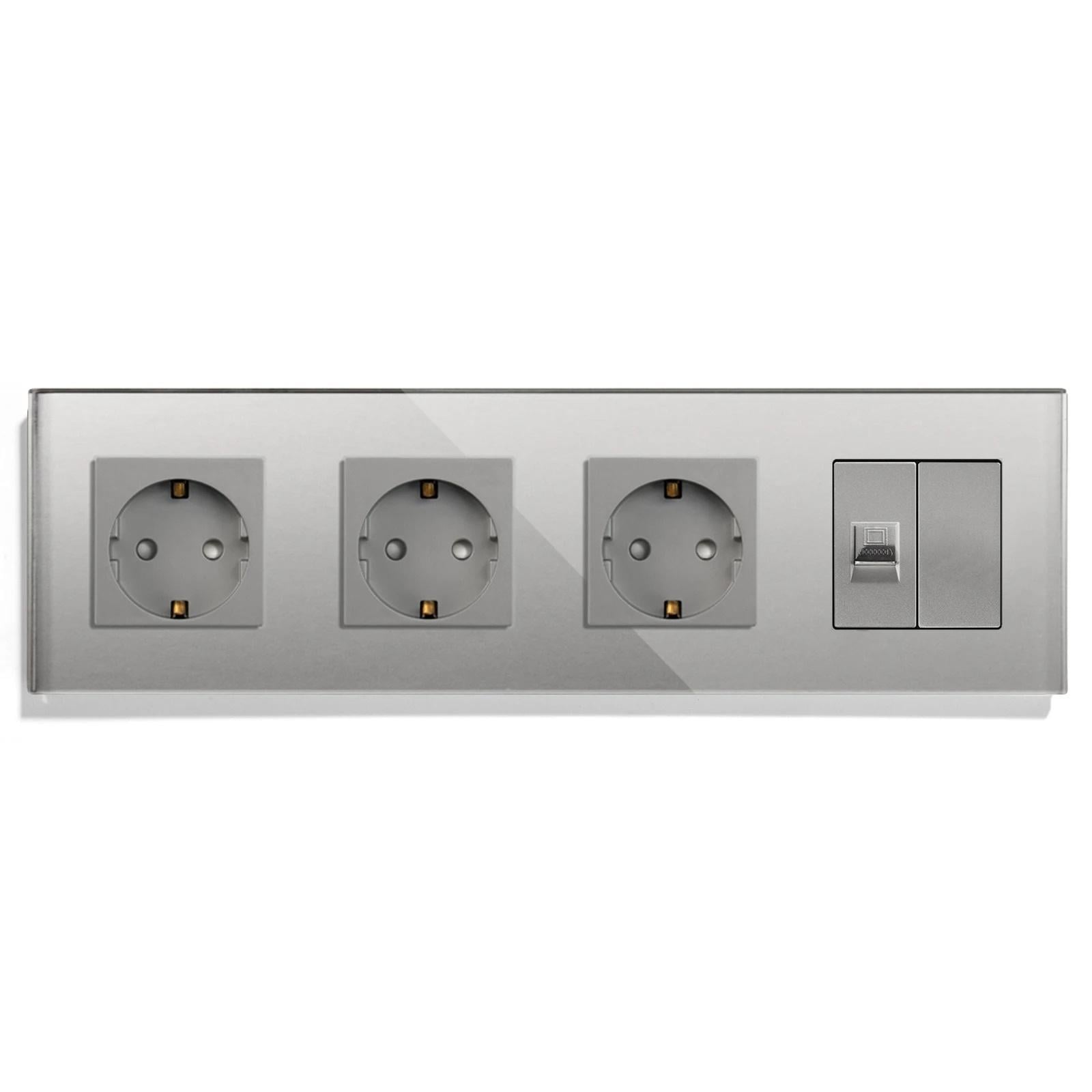 Розетка четырехместная LUXION силовая/интернет RJ-45 настенная стеклянная рамка Серый (LX-M4FCAT6BLK-GY)