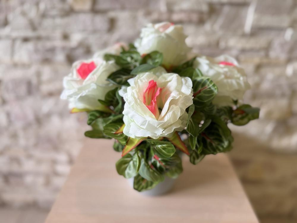 Букет белой розы с зеленью в горшке Пластмакс (R0801) Букет белой розы с зеленью в горшке Пластмакс (R0801)