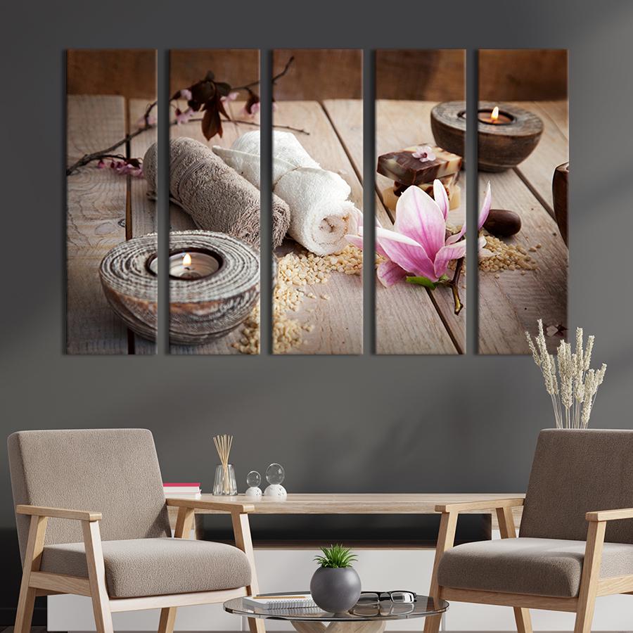 Модульна картина з 5 частин на полотні Магнолія та спа-свічки 132x80 см (65-51)