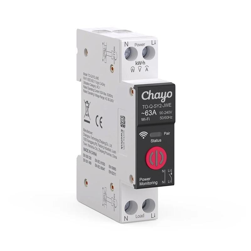 Умный WiFi выключатель Chayo с полной защитой/счетчиками/таймером 1P+N 1-63A 230V eWeLink (CH-TO-Q-SY2-JWE)