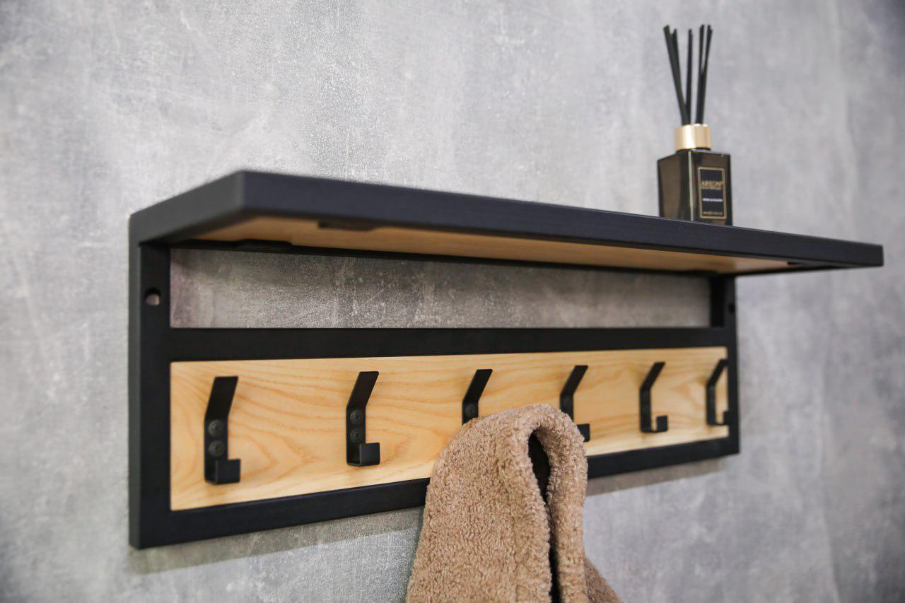 Вешалка в прихожую с дерева и метала в стиле лофт с крючками 60х17х20 см (ML-91.4)