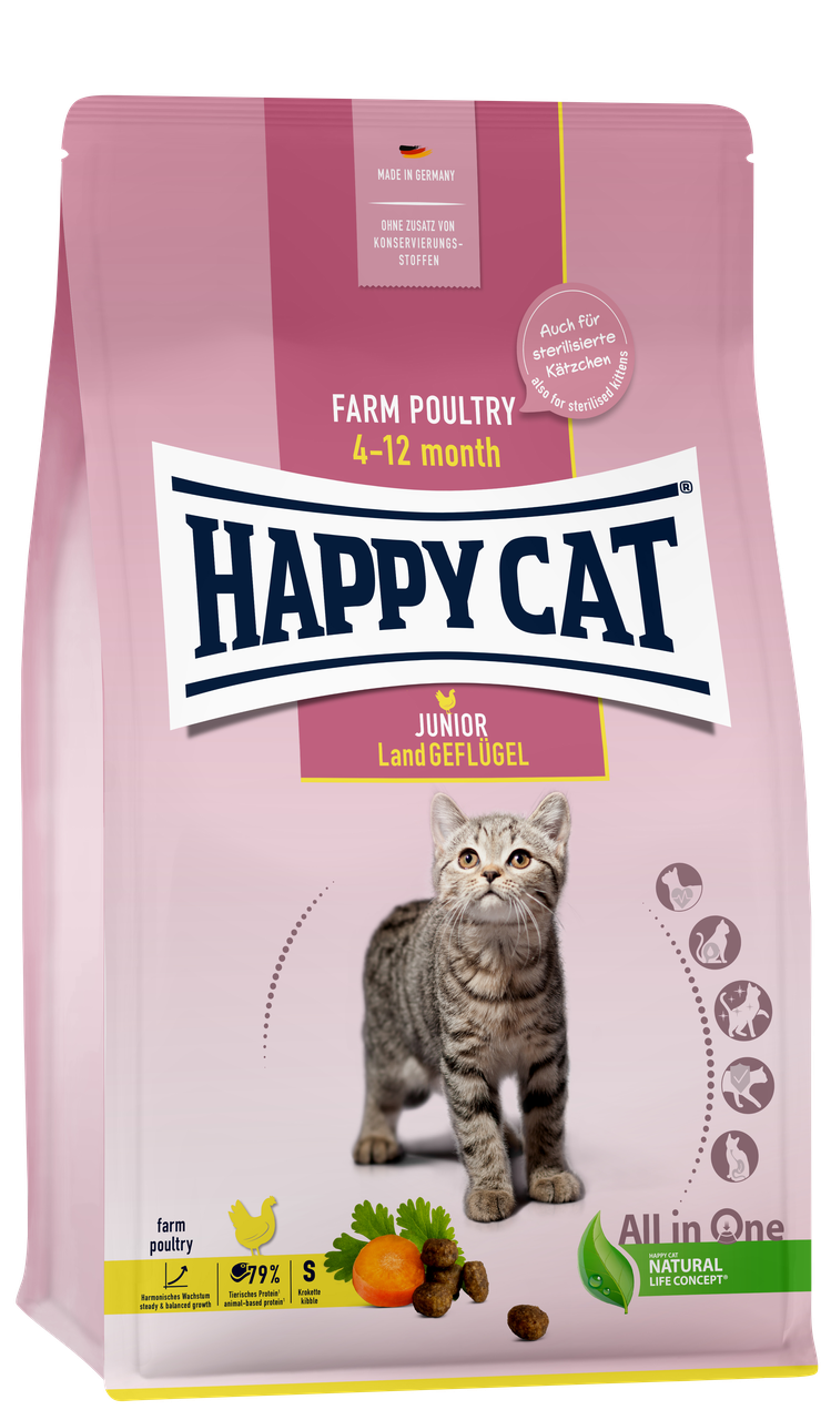 Корм сухий для молодих кішок від 4 місяців до 1 року Happy Cat Junior Land Geflügel з птахом 300 г (11237305)