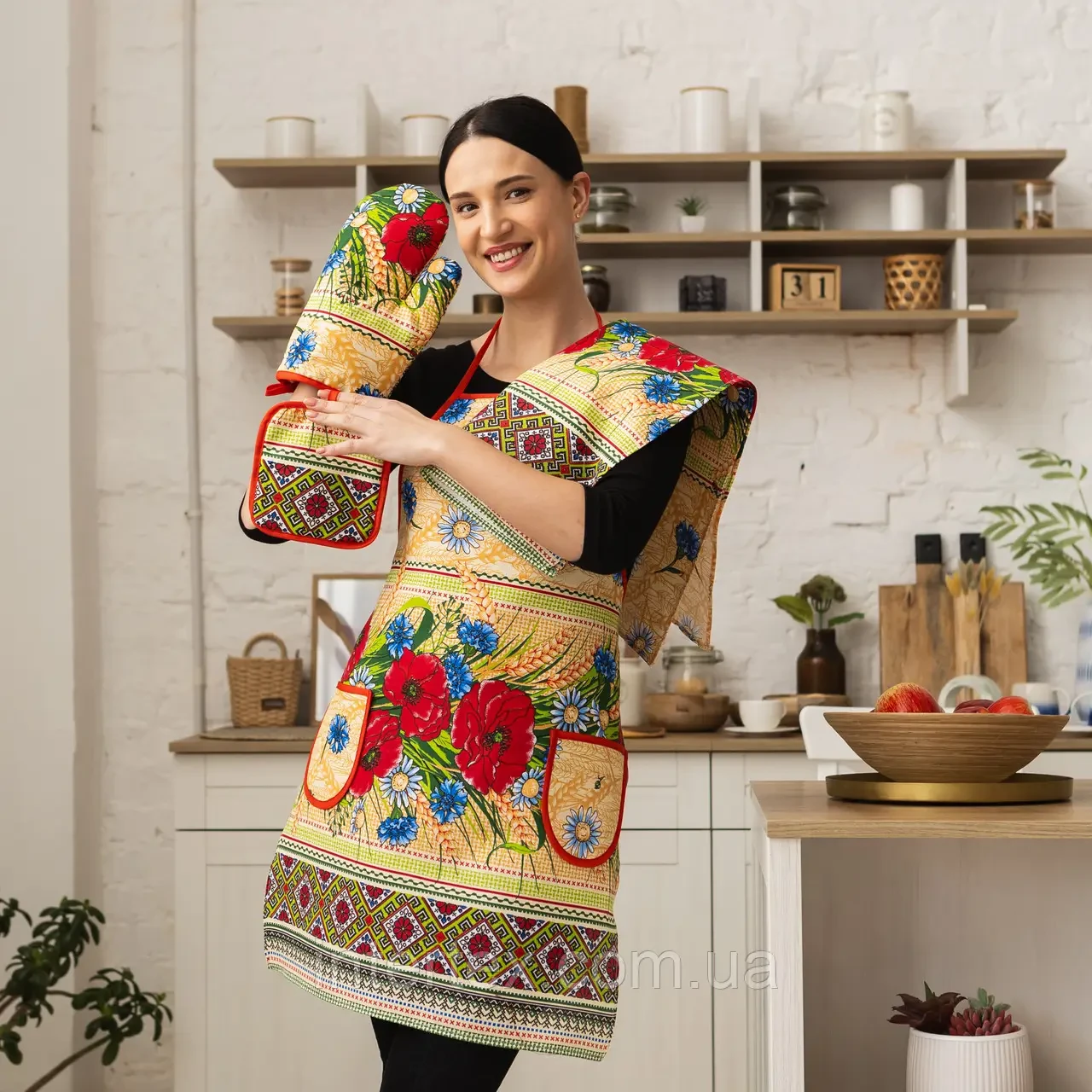 Кухонный набор Вышиванка 4в1 Фартук/полотенце/прихватка/варежка Бежевый