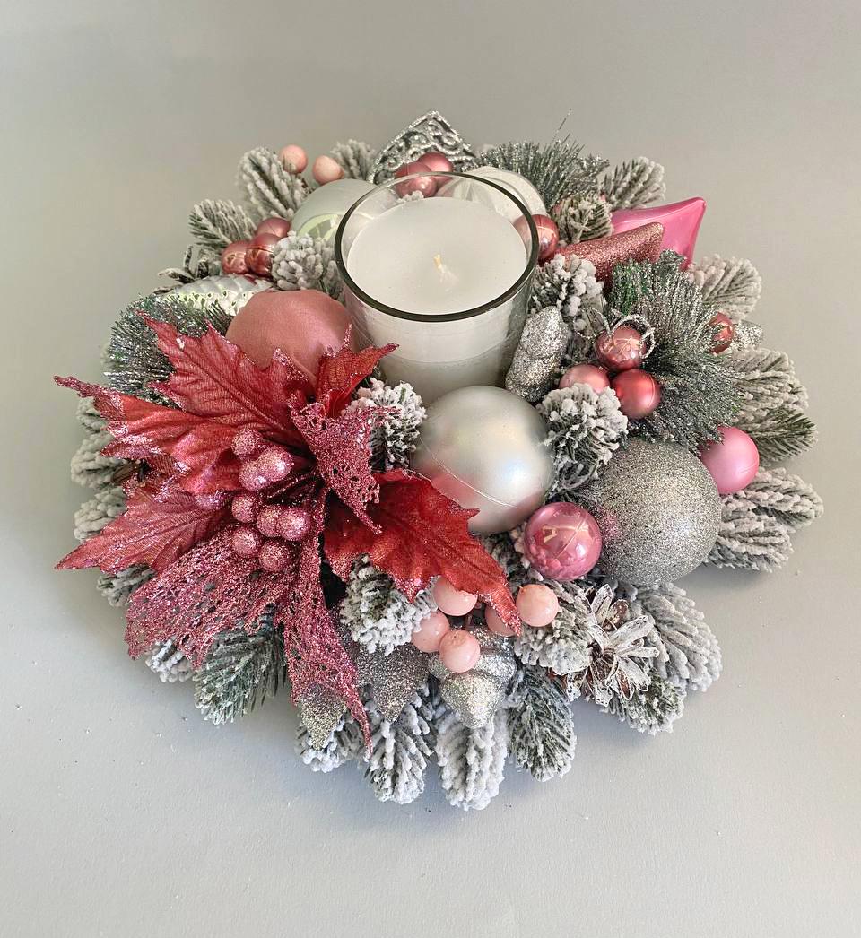 Новогодняя композиция со свечой Нежность Бело-розовый - фото 2 Новогодняя композиция со свечой Нежность Бело-розовый - фото 2