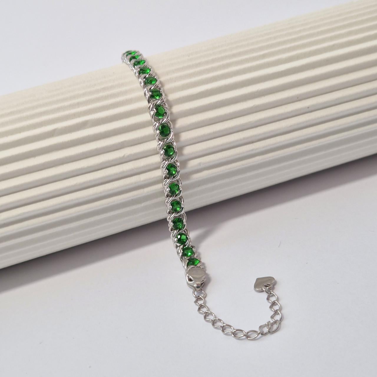 Браслет на руку арабка с зелеными камнями серебро 925 пробы родированное 7,20 г 16-19 см (6035р)