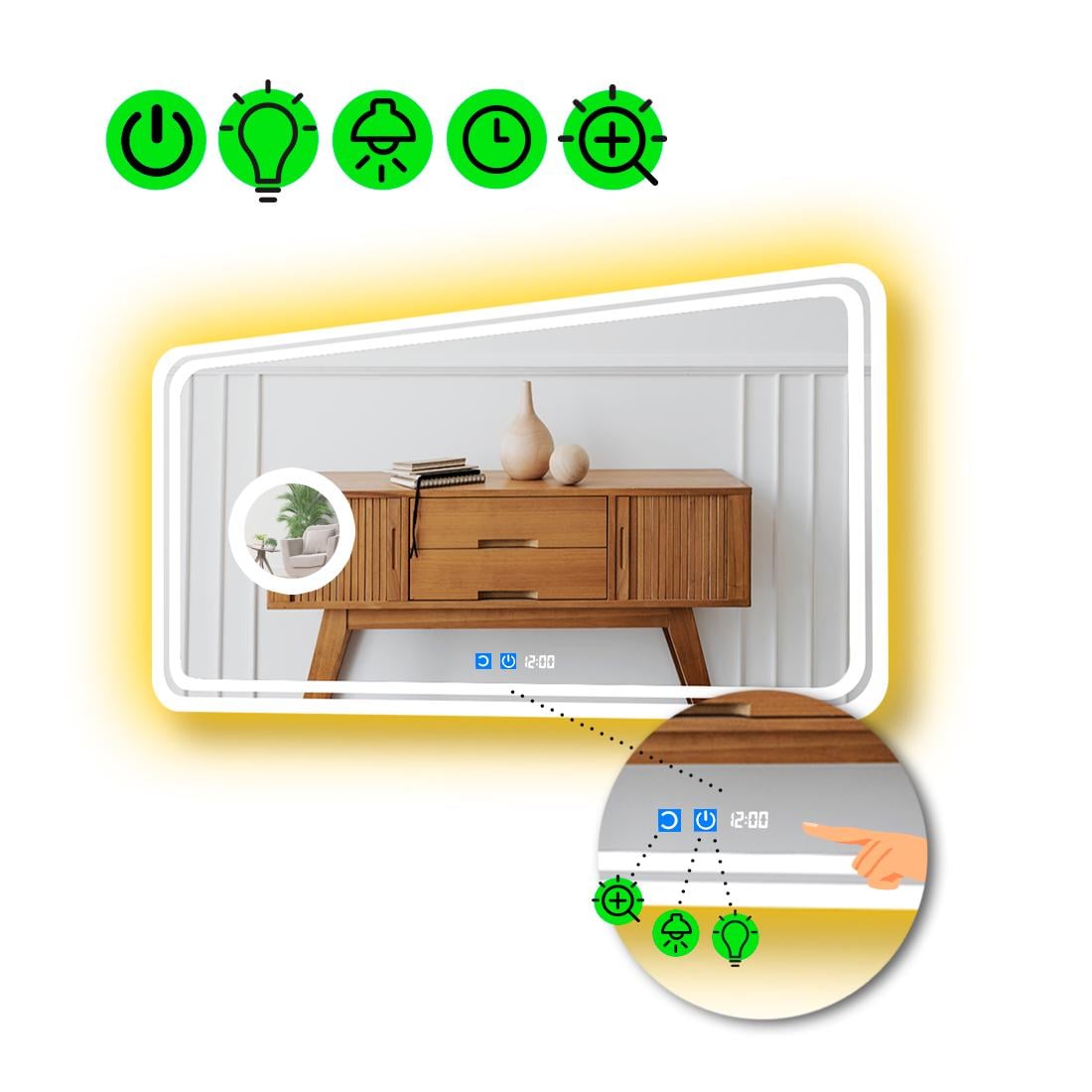 Зеркало с LED подсветкой Ottavia с двумя сенсорами и линзой с подсветкой 100x70 см (8776303)