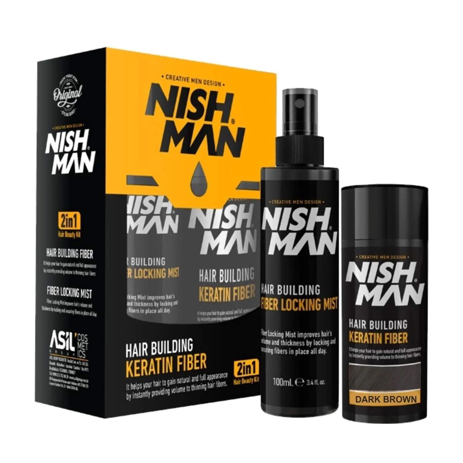 Набор для маскировки залысин Nishman Hair Building Keratin Fiber 20 г/Locking Mist 100 мл Темно-коричневый (НМ111)